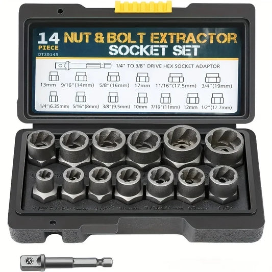 14pcs Damaged Lmpact Socket Set, Nut And Bolt Extractor & Remover-Chrome Molybdenum Steel Extractors With Storage Box